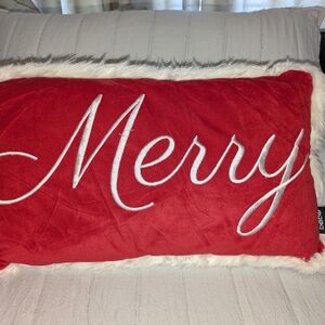 bebe Red and White Embroidered 'Merry' With Faux Fur Trim Holiday Throw Pillow